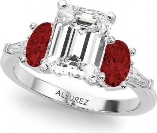 Allurez Emerald Cut Lab Grown Diamond & Oval Garnet Engagement Ring in Platinum (4.18ct)