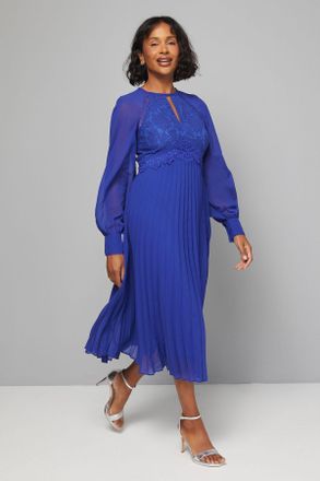 Wallis Womens Occasion Lace Insert Pleated Midi Dress - Dark Blue Polyamide - Size 16 UK