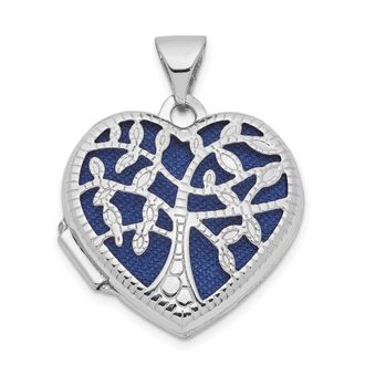 Diamond2Deal 14k White Gold Cut-out Tree of Life with Blue Fabric Interior 18mm Heart Locket