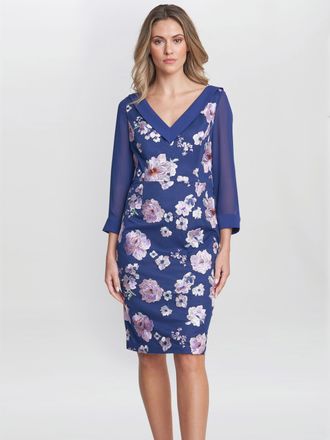 Gina Bacconi Womens Daisy Crepe Dress With Embroidery - Navy - Size 12 UK