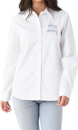 Lingua Franca Embroidered Button-Down Shirt In Cornflower And White