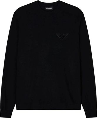 Emporio Armani Effen gebreide trui van scheerwol met adelaarspatch - Heren - Ronde hals truien - Zwart - 2XL - Wol - Truien & Vesten