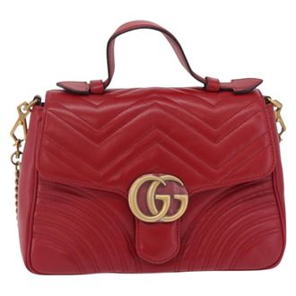 Gucci Gg Marmont Top Handle Matelasse Leather Red Leather Handbag (Pre-Owned)