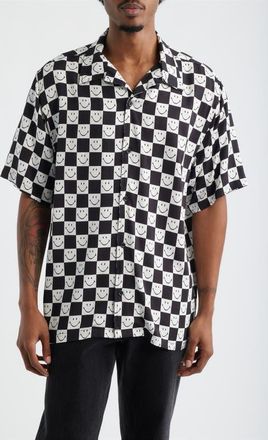 Market SMILEY Checkerboard Print Camp Shirt in Black/White at Nordstrom, Size Xx-Large