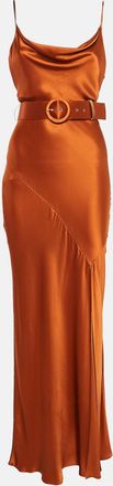 Nicholas Brown Satin Cowl Neck Belted Maxi Slip Dress