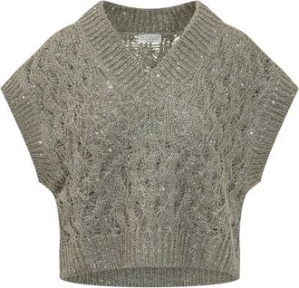Brunello Cucinelli Sequin V-neck Gebreid Vest - Dames - V-hals truien - Grijs - L - Pailletten - Truien & Vesten