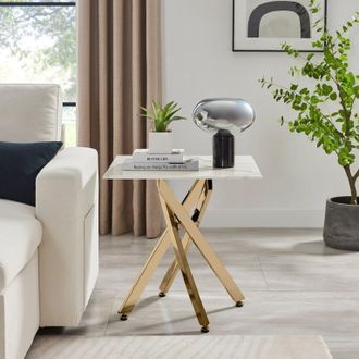 Furniturebox Leonardo Square Marble Effect Glass Top Side Table With Gold Metal Starburst Legs in White