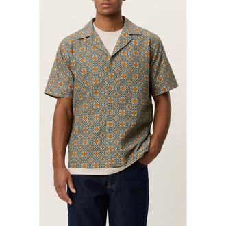 Les Deux Lukas Arabesque Print Short Sleeve Button-Up Shirt in Sea Moss Green at Nordstrom, Size Xx-Large