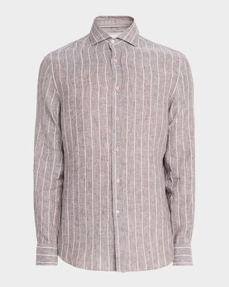 Brunello Cucinelli Mens Pinstripe Linen Button-Down Shirt