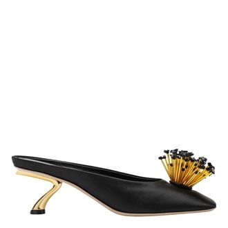Ferragamo Heeled Mules, female, Black, Size: 6 1/2 US Mules with Sculptural Heel and Crystal Flower