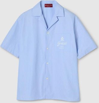 Gucci Thin Striped Cotton Poplin Bowling Shirt, Size 42, Blue, Ready-to-wear