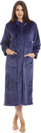 Camille Womens Super Soft Fleece Housecoat -Rose Embossed Zip Up Bathrobe - Long Sleeved and Side Pockets for Ultimate Comfort & Warmth Navy 10-12