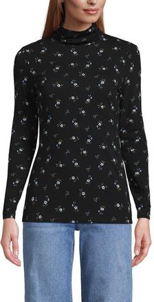 Lands End Lightweight Jersey Long Sleeve Turtleneck in Black/cobalt Tiny Floral at Nordstrom, Size X-Small