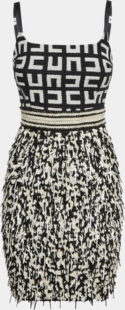Elisabetta Franchi Monochrome Monogram Tweed Fringed Mini Dress