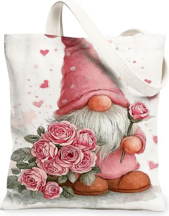Generic ValentineS Floral Canvas Tote Bags, Cute Gnome Rose Pattern Reusable Grocery Bags, Spring Vintage Lightweight Washable Sho, Peach, 13x15 Inch