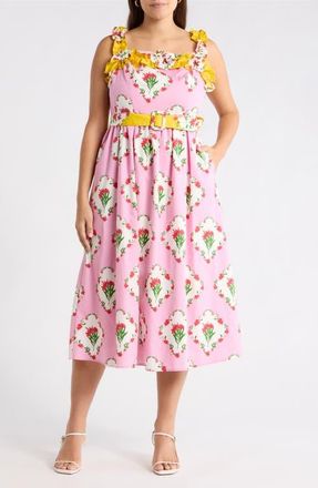 Sugarlips Maia Floral Strapless Ruffle Midi Dress in Pink-Multi at Nordstrom, Size 3 X