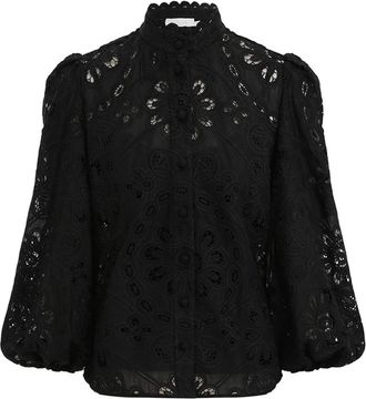 Zimmermann Overhemden, Dames, Zwart, M, Geborduurde Zwarte Blouse met Opstaande Kraag