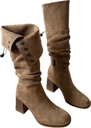 Generic Women Pleated Knight High Boots Square Heel Slim Long Party Booties