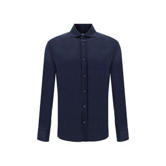Brunello Cucinelli Blue Silk Mens Shirt