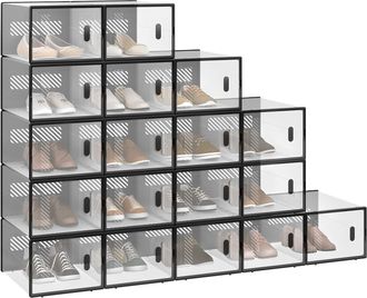 Woltu Woltu - Caja De Zapatos 18 Contenedores Transparentes Y Negros Plegables Y Apilables