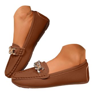 Generic Womens Loafers Comfort Slip-Ons Flat Work Shoes Lightweight Leather Driving Walking Shoes Business Casual Dress Flats for Women Chain Decor Leisure Tr