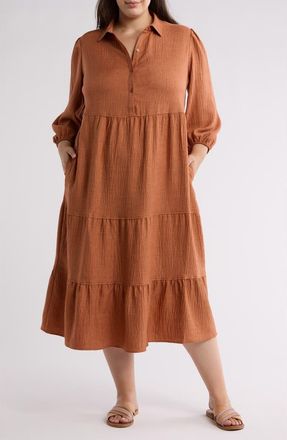 Max Studio Balloon Sleeve Tiered Shirtdress in Heather Spice at Nordstrom Rack, Size 2X