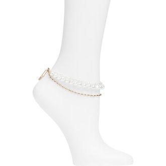 Open Edit Layered Faux Pearl Anklet in White- Gold at Nordstrom