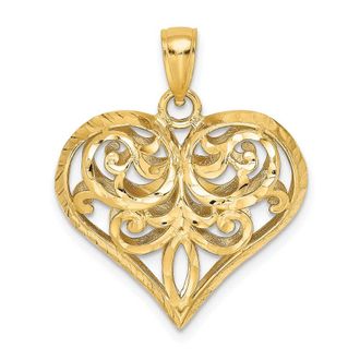 Diamond2Deal 14k Yellow Gold 3-D Diamond-cut Filigree Puffed Heart Charm