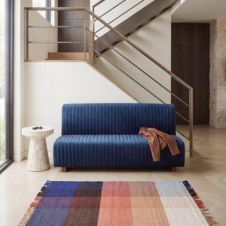 Maisons du monde Banco profesional de 3 plazas de terciopelo reciclado acanalado azul noche