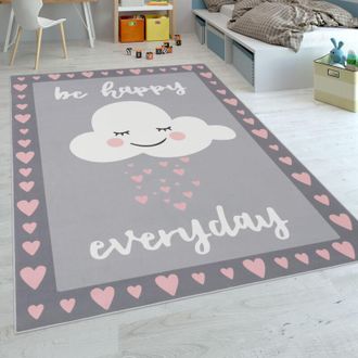 Paco Home Paco Home - Alfombra Infantil, Tejido Plano Para Habitaci&oacute;n Infantil, Frase Estampada Y Nube, Gris Rosa 180x280 Cm