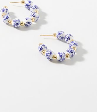 Simons Womens Blue flower bead large Hoop Earrings