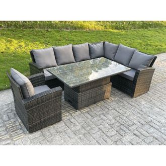 Fimous High Back pe Rattan Corner Sofa Set Garden Furniture Adjustable Rising Lifting Table Set With Armchair - Fimous