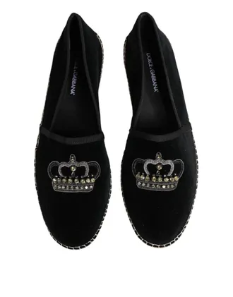 Dolce & Gabbana Crown-Embellished Velvet Espadrille Flat - Black