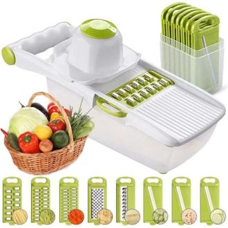 OEM Mandolina Todo En Uno, Cortador De Frutas Y Verduras, Cortador De Verduras Multifuncional, Cortador De Acero Inoxidable Intercambiable Con Recipiente 