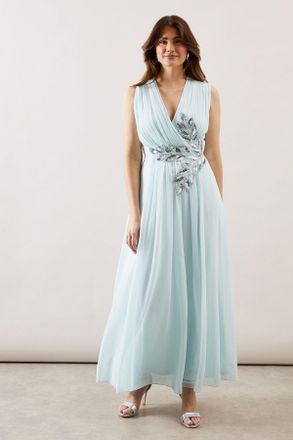 Wallis Womens Beaded Embellished Wrap Top Georgette Maxi Dress - Blue - Size 14 UK