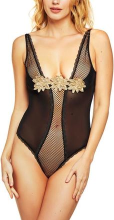 iCollection Underwire Metallic Floral Embroidered Teddy in Black at Nordstrom, Size X-Large