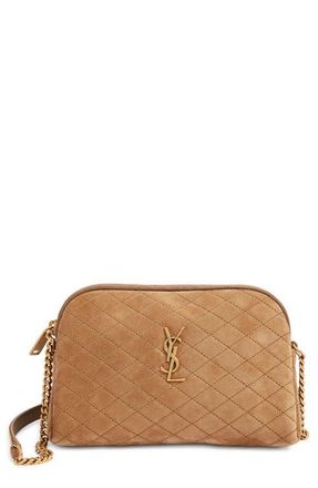 Saint Laurent Gaby Cassandre Quilted Suede Crossbody Pouch in Golden Leaf at Nordstrom