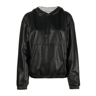 Saint Laurent Leather Jackets, female, Black, Size: 3XL Leather Hooded Top with Pouch Pocket