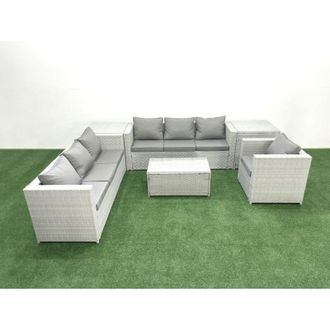 Fimous Wicker pe Rattan Sofa Garden Furniture Set with Armchair Oblong Coffee Table 2 Side Tables Light Grey Mixed - Fimous