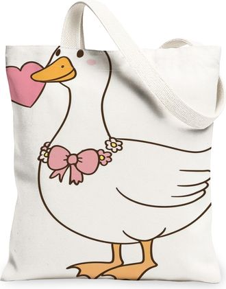 Generic Cute Duck Canvas Tote Bags, Adorable Animal Design Reusable Grocery Bags, Lightweight Washable Shoulder Strap Canvas for Sh, White, 13x15 Inch