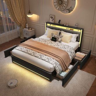 OEM Estructura De Cama 160x200 Cm Gris Con Led, 4 Cajones, Somier De Lamas Y Puertos Usb/type-c