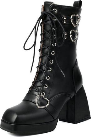 Generic Womens Lace Up Platform Mid-Calf Boots with Heart Buckles Square Toe Chunky Heel Booties,Black,5.5 UK