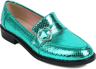 Generic Womens Fashion Snake Print Round Toe Loafers Slip On Heart Buckle Casual Lightweight Flat Shoes (7.5,Green)