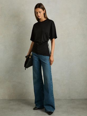 Reiss Cream & black Draped Crew-neck T-shirt With Cotton, XS