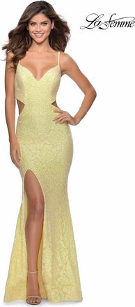 La Femme Cut Out Lace Long Prom Dress In Yellow