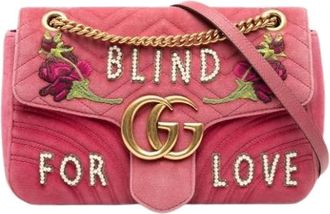 Gucci Pre-owned Geborduurde Gewatteerde Velvet Schoudertas - Dames - Vintage Schoudertas - Roze - ONE Size - Leer - Vintage
