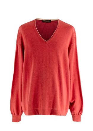 Loro Piana Red V Neck Long Sleeve Cotton Knit Jumper Size XL