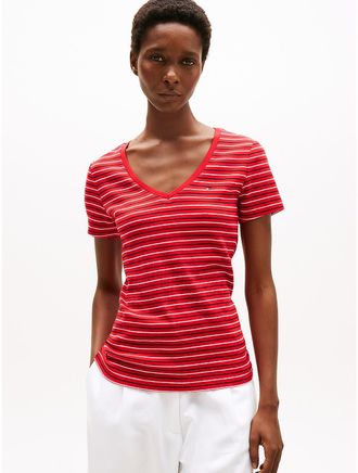 Tommy Hilfiger Womens Stripe V-Neck Favorite T-Shirt - Red - XXS