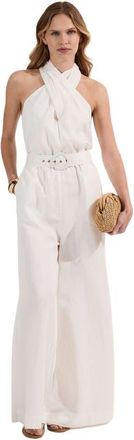 Karen Millen Linen Blend Wide Leg Belted Jumpsuit in White at Nordstrom, Size 4