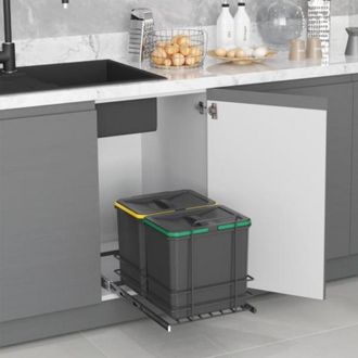 Emuca Contenedor De Reciclaje Para Fijaci&oacute;n Inferior Y Extracci&oacute;n Manual En Mueble De Cocina Recycle 2x16litros, Pl&aacute;stico Gris Antracita - Emuca